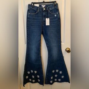 Forever 21 Dark Blue Flare Jeans with White Floral Embroidery